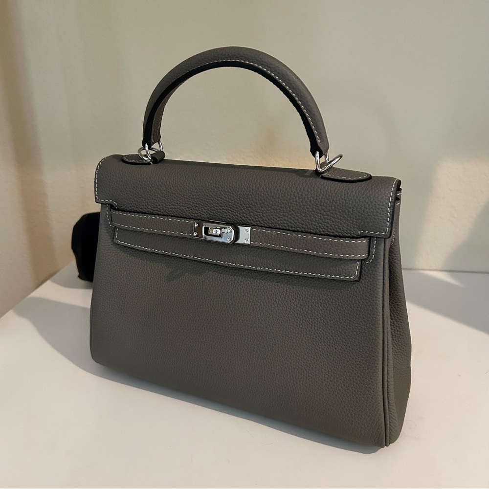 Top Handle KL Belted Leather Satchel 25cm Dark Gray